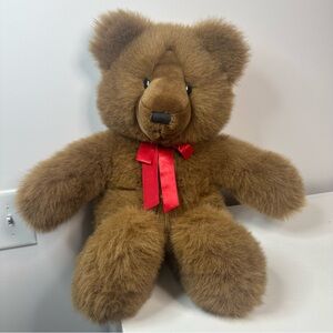 Large 24” Vtg Applause Baritone Brown SHAGGY Bear Red Bow Plush Stuffed  Animal